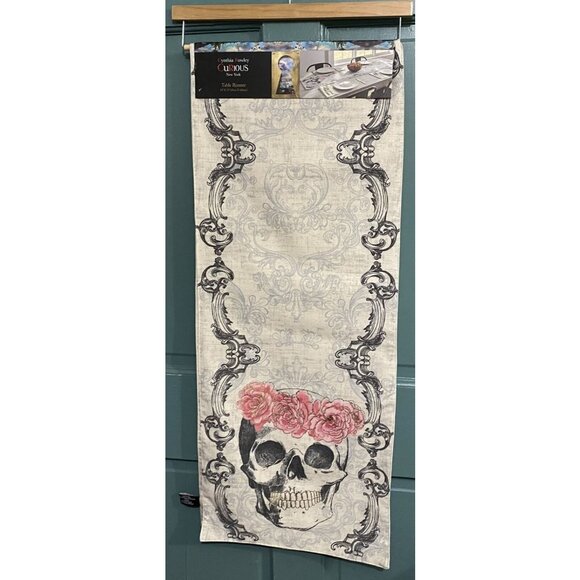 Cynthia Rowley Table Runner Halloween Skull Roses Pink Black Gothic NEW Party - Picture 2 of 7